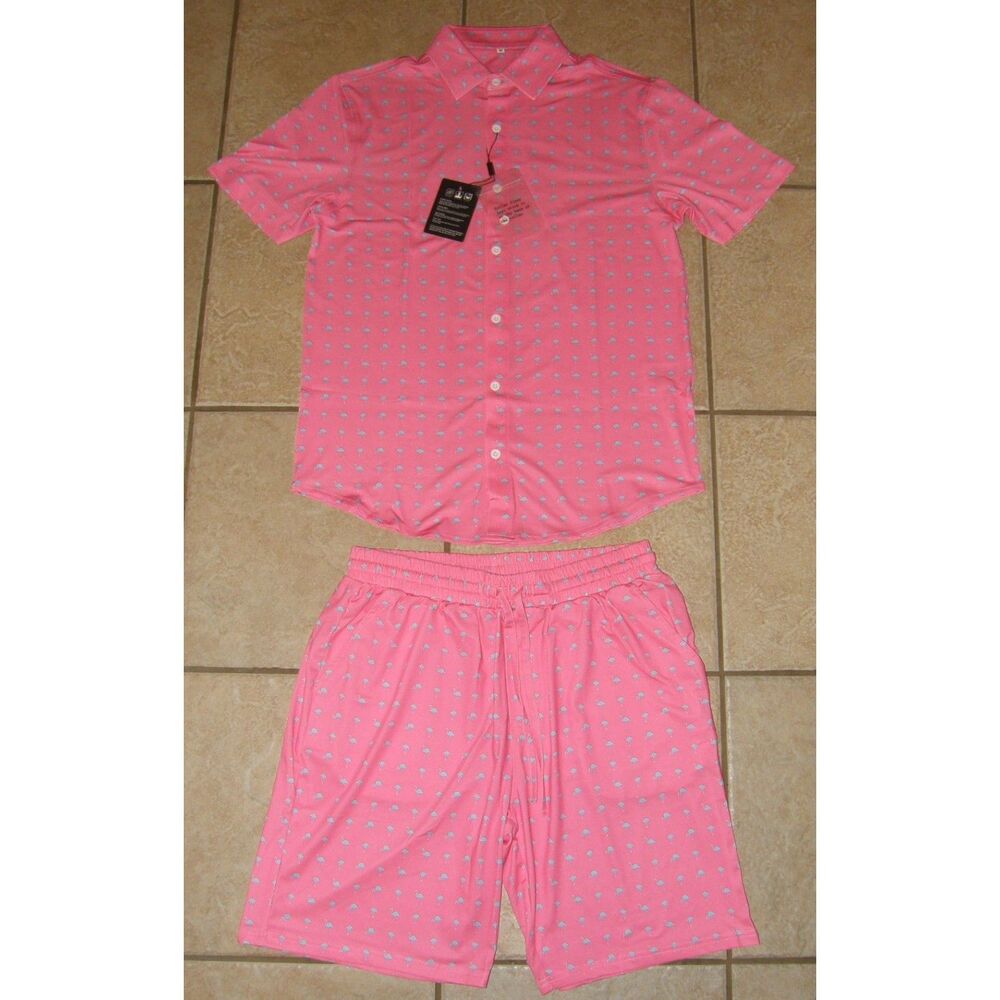 NEW Bright Pink Men sz Medium Flamingo Tropical Shorts & Shirt Stretchy 2 Pc Set